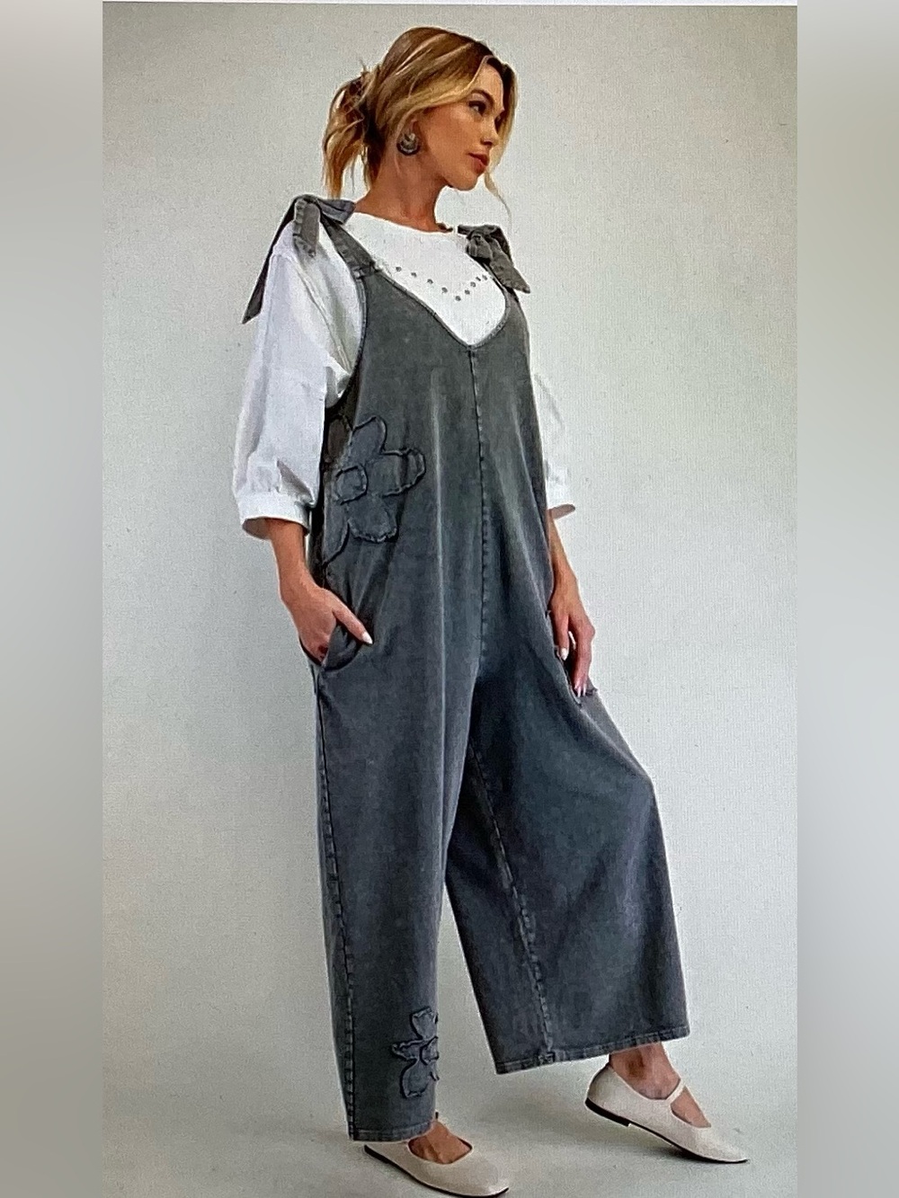 Easel Washed Black Floral Patch Wide-Leg Jumpsuit/Overalls